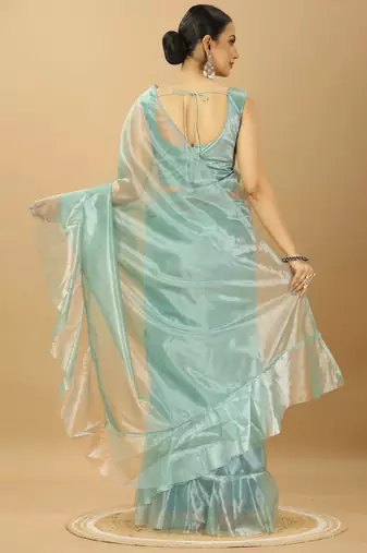 Sea Green Ruffle Style Twill Net Saree with Thread Embroidered Blouse