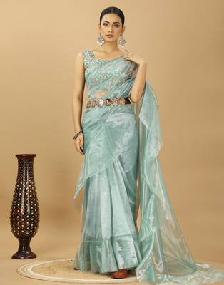 Sea Green Ruffle Style Twill Net Saree with Thread Embroidered Blouse 5