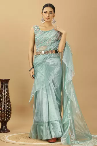 Sea Green Ruffle Style Twill Net Saree with Thread Embroidered Blouse