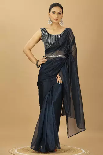navy blue Ready to Wear Twill Net sequin Saree with Unstitched Blouse & Belt