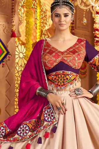 Beige Viscose Rayon Embroidered Navratri Wear Lehenga Choli