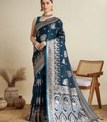 Blue satin soft silk blend saree with dark zari border and all over woven motifs