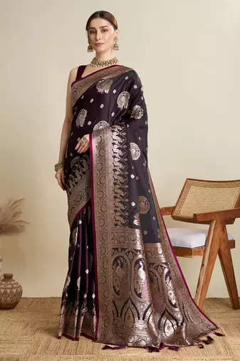 Burgundy satin soft silk saree with dark zari border and all over woven motifs