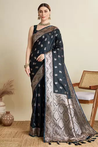 Black satin soft silk blend saree with dark zari border and all over woven motifs