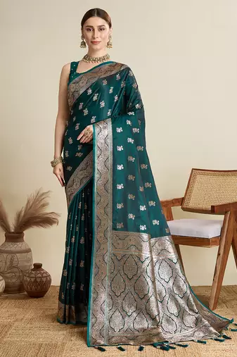 Rama satin soft silk blend saree with dark zari border and all over woven motifs