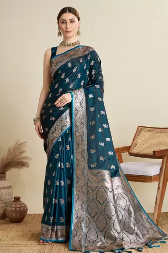 Teal satin soft silk blend saree with dark zari border and all over woven motifs