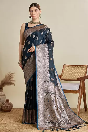 Blue satin soft silk blend saree with dark zari border and all over woven motifs