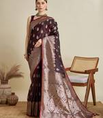 Maroon satin soft silk saree with dark zari border and all over woven motifs