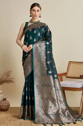 Rama satin soft silk blend saree with dark zari border and all over woven motifs