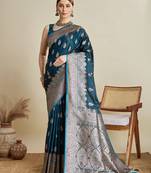 Teal satin soft silk blend saree with dark zari border and all over woven motifs