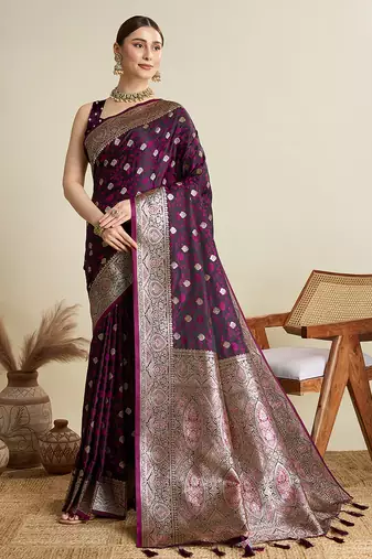 Magenta satin soft silk blend saree with zari border and all over woven motifs