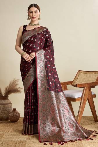 Maroon satin soft silk blend saree with zari border and all over woven motifs