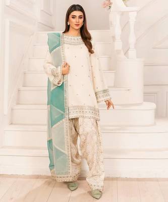 Off White Crepe With Embroidery Work With Aqua Blue Dupatta 1
