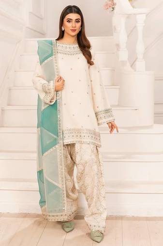 Off White Crepe With Embroidery Work With Aqua Blue Dupatta