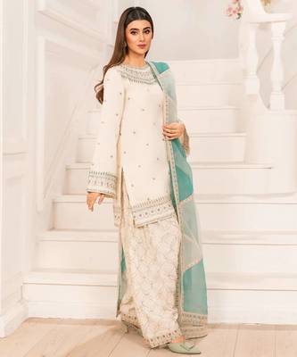 Off White Crepe With Embroidery Work With Aqua Blue Dupatta 2