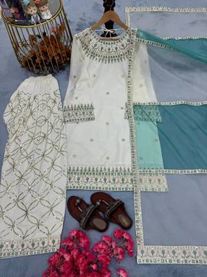 Off White Crepe With Embroidery Work With Aqua Blue Dupatta 4