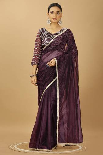 Maroon Twill net Lace saree with sequin Blouse