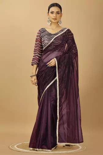 Maroon Twill net Lace saree with sequin Blouse