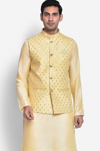 Men's Yellow woven design nehru jacket