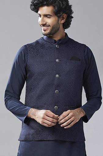 Men navy blue nehru jacket