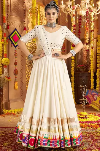 White Viscose Rayon Mirror Work Festival Wear Lehenga Choli