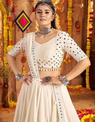 White Viscose Rayon Mirror Work Festival Wear Lehenga Choli 3
