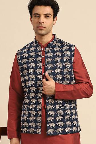 Men's blue printed nehru jacket