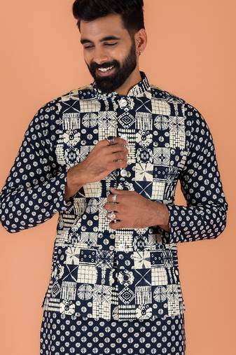 Men's navy blue printed nehru jacket