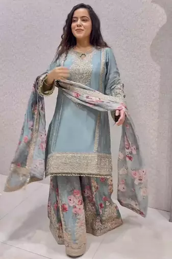 Sky Blue Floral Silk Top Palazzo & Dupatta Set with Embroidery & Sequence Work 