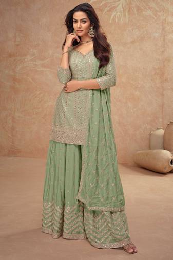 Green embroidery & sequins work chinnon straight palazzo suit 