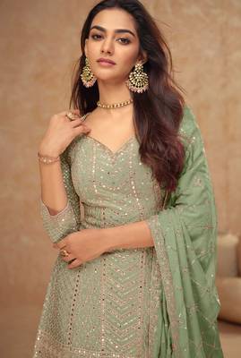 Green embroidery & sequins work chinnon straight palazzo suit  2