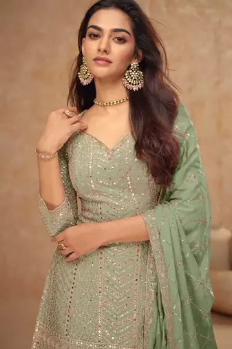 Green embroidery & sequins work chinnon straight palazzo suit 