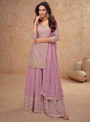 Lilac embroidery & sequins work chinnon straight palazzo suit 1