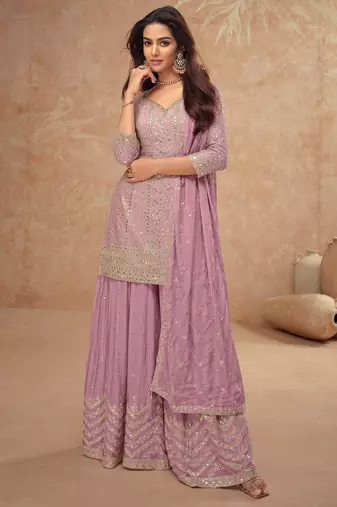 Lilac embroidery & sequins work chinnon straight palazzo sui