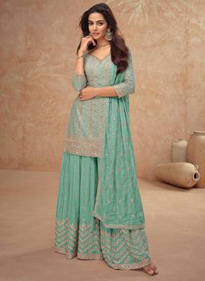 Turquoise blue embroidery & sequins work chinnon straight palazzo suit 1