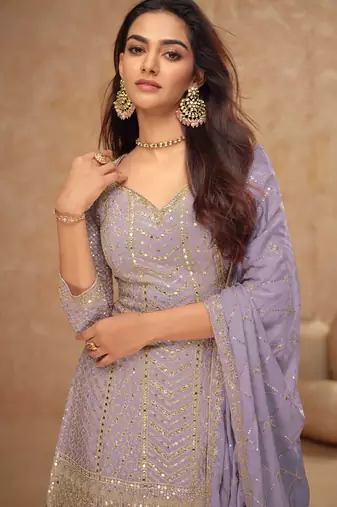 Lavender embroidery & sequins work chinnon straight palazzo suit