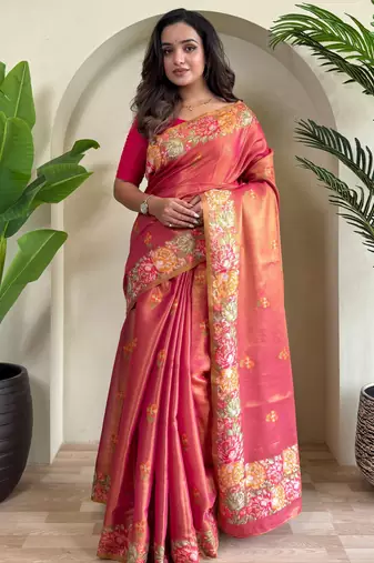 Pink Jacquard Zari Weaving Tissue Saree