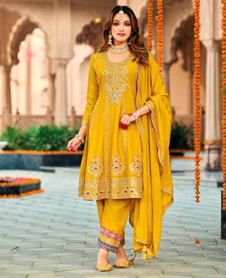 Yellow embroidered chinon pakistani salwar suit 1