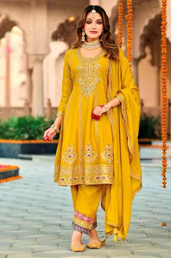 Yellow embroidered chinon pakistani salwar suit