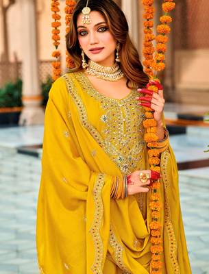 Yellow embroidered chinon pakistani salwar suit 2
