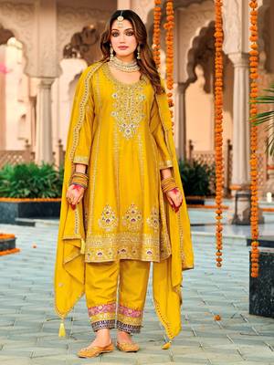 Yellow embroidered chinon pakistani salwar suit 3