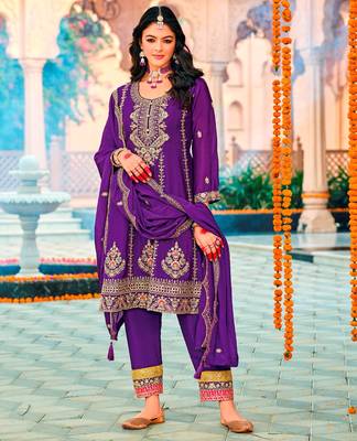 Purple embroidered chinon salwar suit 1
