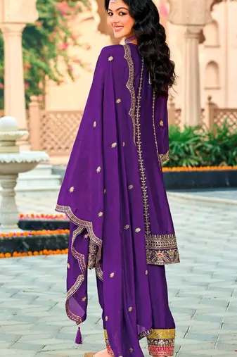 Purple embroidered chinon salwar suit