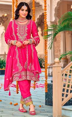 Pink embroidered chinon salwar suit 1