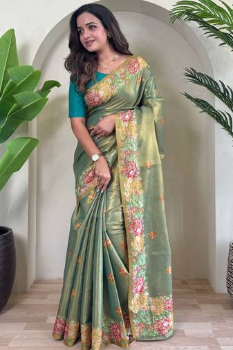 Green Jacquard Zari Weaving Tissue Saree