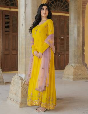 yellow georgette gown with lilac net dupatta & embroidery 1