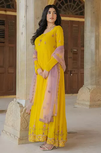yellow georgette gown with lilac net dupatta & embroidery