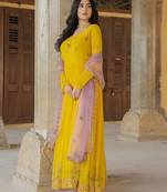 yellow georgette gown with lilac net dupatta & embroidery