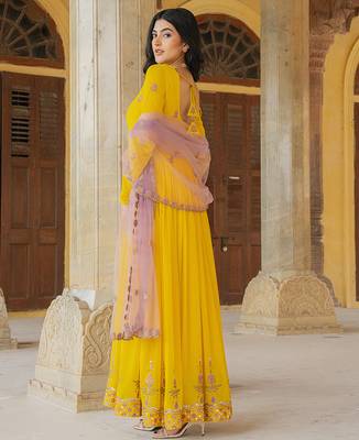 yellow georgette gown with lilac net dupatta & embroidery 2