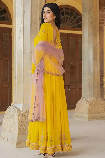 yellow georgette gown with lilac net dupatta & embroidery